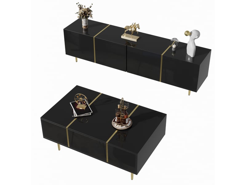 Meuble tv noir brillant avec coffres et table basse assortie - Conforama A