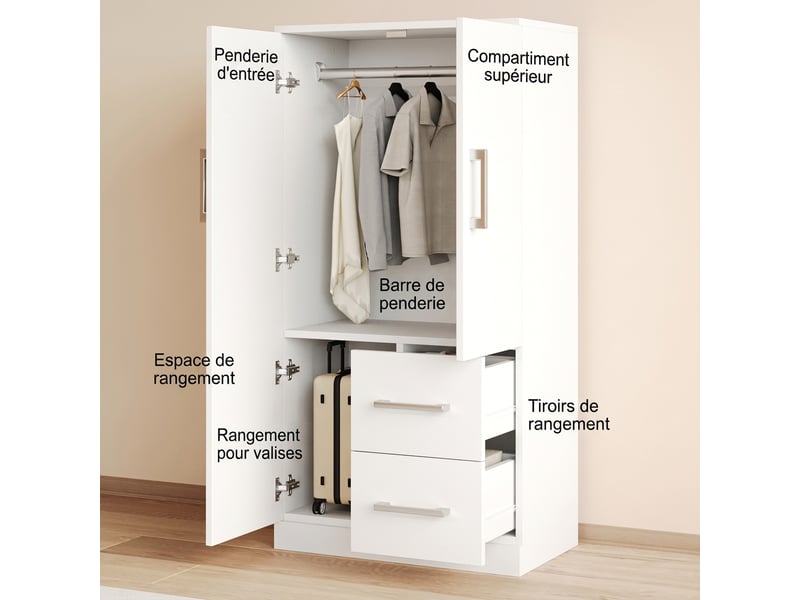  Armoire enfant blanche 2 portes avec tiroirs, 70x40x135 cm, meuble de rangement chambre  - Conforama E