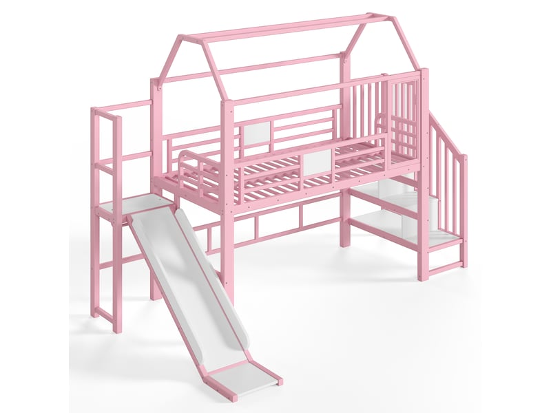  Lit mezzanine 140x200cm avec toboggan et échelle,cabane,design clôture,certifié en747-1,rose  - Conforama A