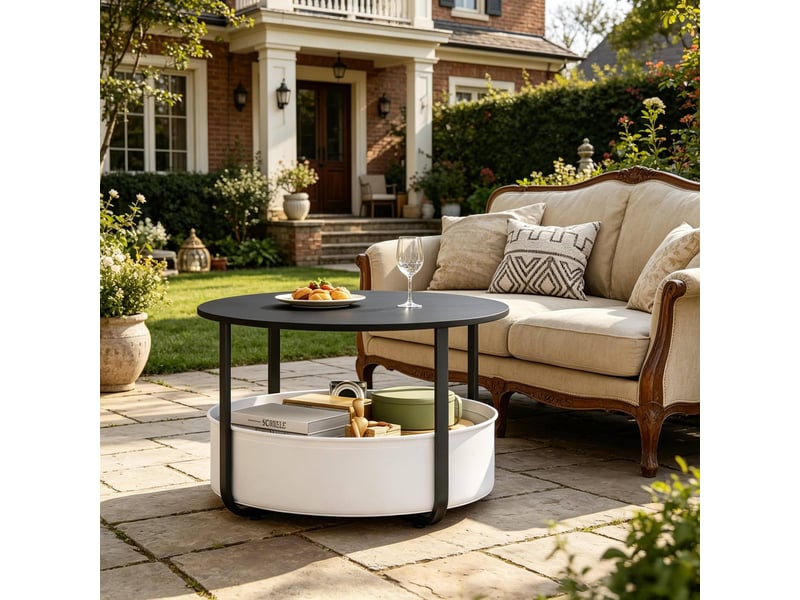 Table basse ronde ø 80 x h 50 cm avec panier en toile, métal noir  - Conforama D