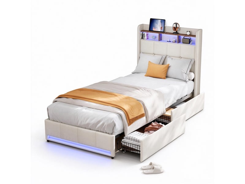  Lit 1 place 90x200 cm avec 4 tiroirs,lit simple avec led et chargeur usb-c, lit jeune, sommier, beige lin, sans matelas  - Conforama A