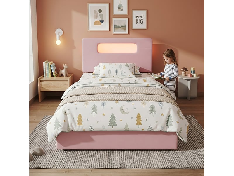  Lit enfant simple 90x200 cm avec 4 tiroirs et led, rose  - Conforama B