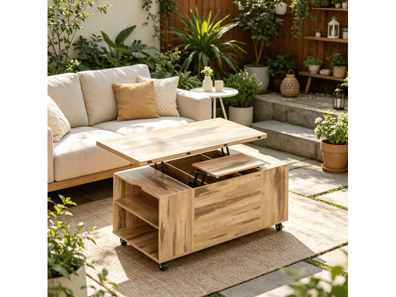  Table basse relevable tcqpz 50,5 x 100 x 53 cm avec roulettes verrouillables, rangement intégré, bois et métal, chêne clair  - Conforama E