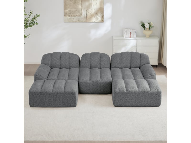  Canapé modulable ulevr 3 places en u avec 2 poufs, mousse haute densité 32d, tissu bouclette gris, 288 x 165 x 79 cm  - Conforama E