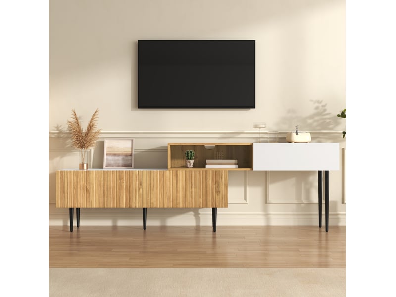  Meuble tv modenvie modulable à longueur réglable avec rangement blanc mat et décor bois  - Conforama E