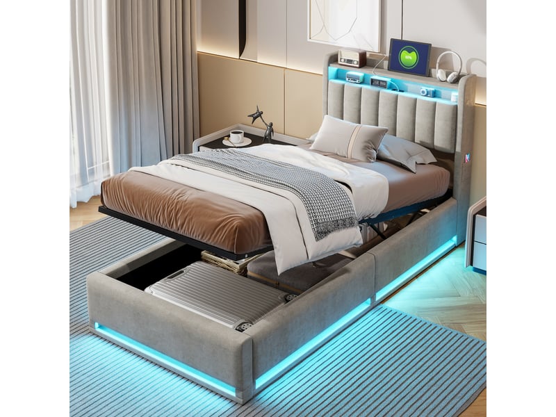  Lit coffre 90 x 200 avec sommier led et usb, lit simple rembourré avec hydraulique rangement e tete de lit, lit 1 personne pour adultes et ado  - Conforama W