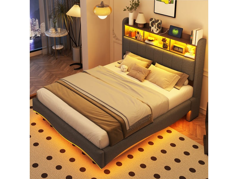 Lit double rembourré 140 x 200 cm effet flottant avec led, usbusb-c et rangement de tête de lit, tissu effet lin gris Fay Lum - Conforama E