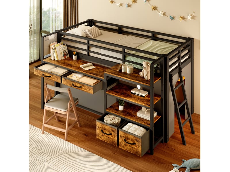 Lit mezzanine 90x200 cm avec bureau, rangements et éclairage led en métal - Conforama C
