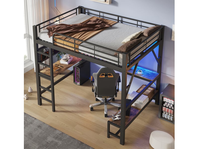 Lit mezzanine 160x200 cm bureau rangements, led usb type-c, garde-corps métal mdf noir sans matelas - Conforama E