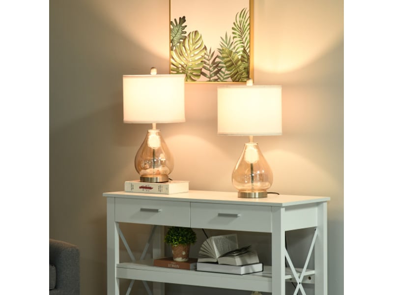  Lot de 2 lampes de chevet e27 40 w, verre ambré, lin et acier, ø30 x 56 cm, éclairage élégant pour chambre  - Conforama B