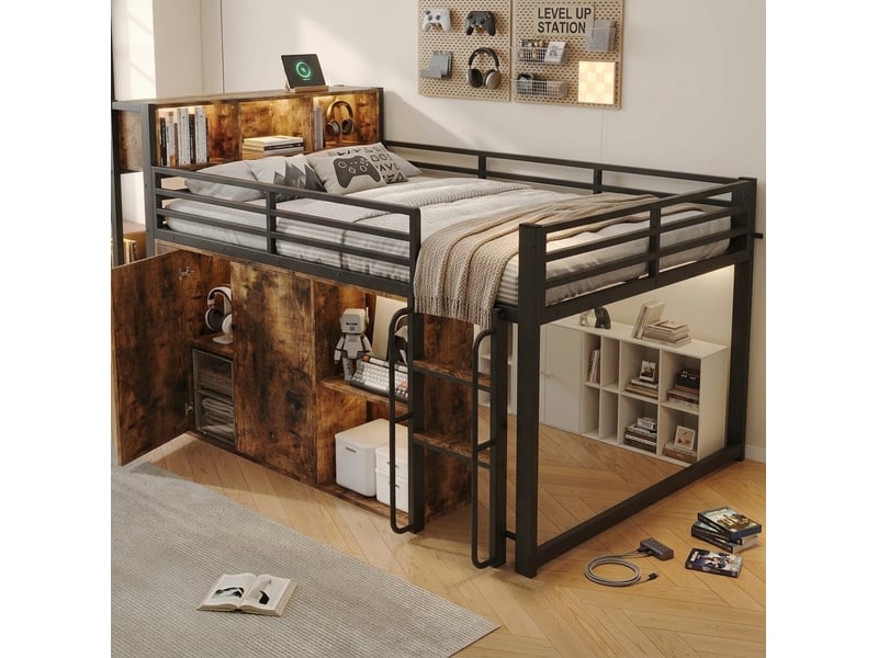  Lit mezzanine 120x200 cm avec rangement, led et prise, métal noir + décor bois, sans matelas  - Conforama W