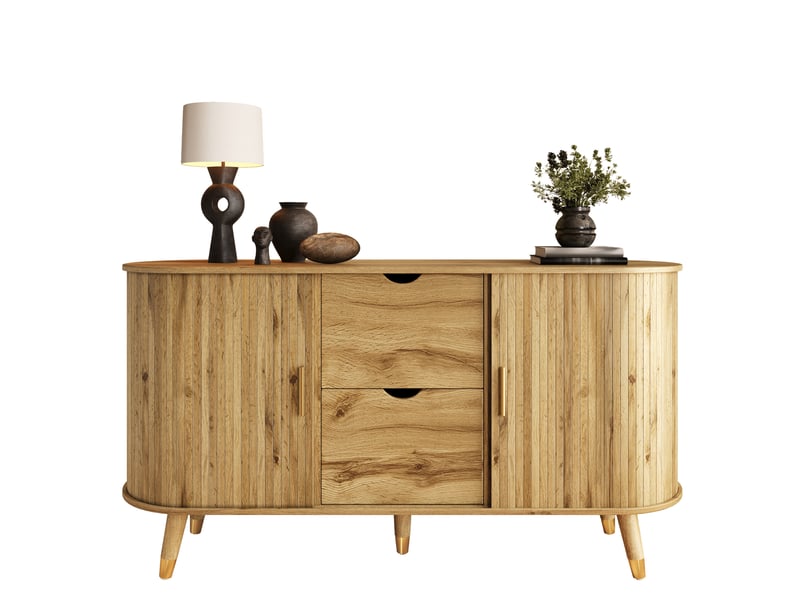 Buffet de rangement 140 cm avec 2 portes coulissantes, 2 tiroirs et étagères réglables evryae - Conforama A