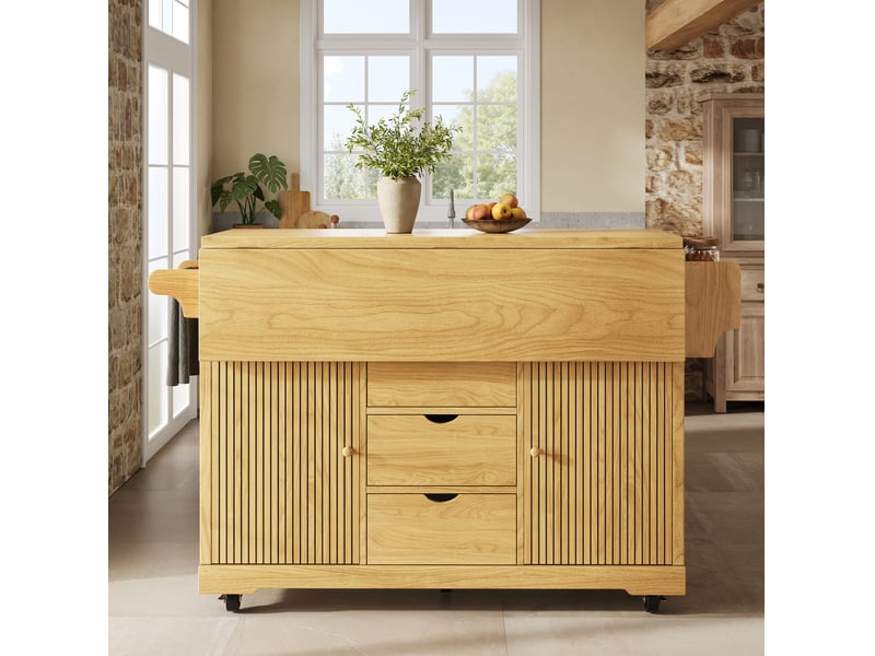 Desserte de cuisine mobile avec plateaux rabattables, 2 portes, 3 tiroirs et roulettes freinées en mdf marron naturel - Conforama D