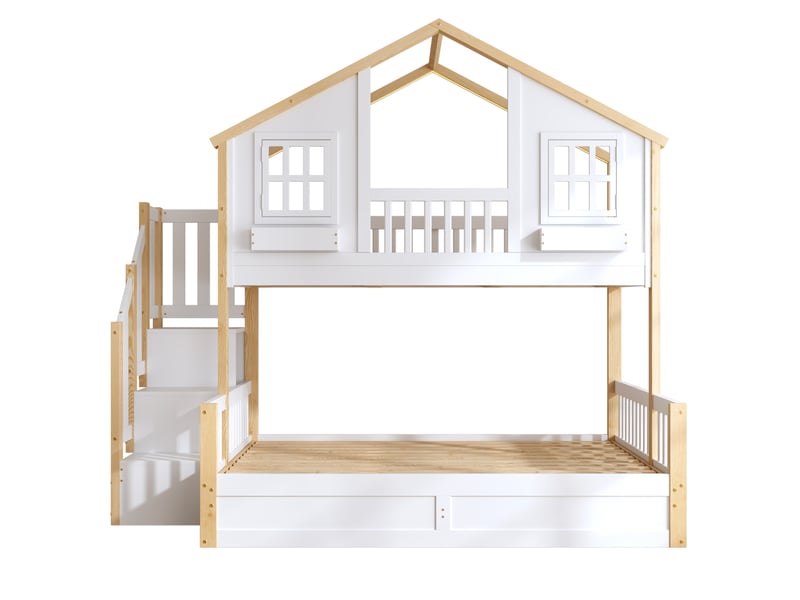  Lit superposé enfant 90x200 + 140x200 cm – blanc et naturel – escalier de rangement, led et coffre hydraulique  - Conforama D