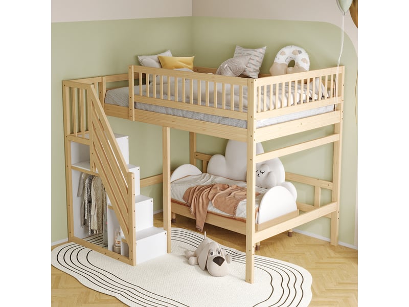  Lit mezzanine 140x200 cm, lit enfant avec escalier à rangement, en bois, couleur bois, sans matelas  - Conforama B