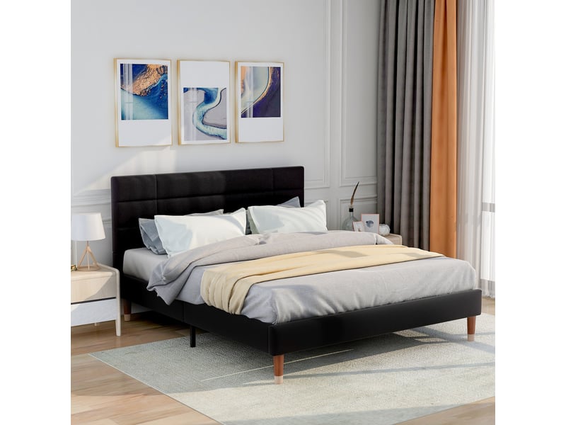  Lit adulte 140x200 cm, lit double avec tête de lit et sommier, lin noir, inclus matelas  - Conforama W