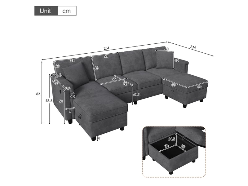  Canapé modulaire 6 places avec usb, port usb-c, 2 poufs de rangement et coussins en chenille gris  - Conforama D