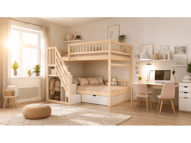  Lit superposé enfant 140×200 cm avec escalier de rangement et tiroirs - okmyhome- bois, sans matelas  - Conforama E