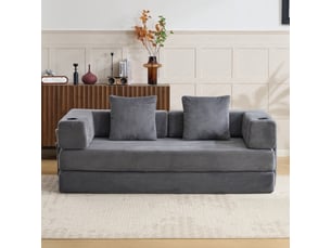 Canapé de sol corda, gris foncé, convertible en lit, porte-gobelet, poche latérale, tissu velours côtelé
