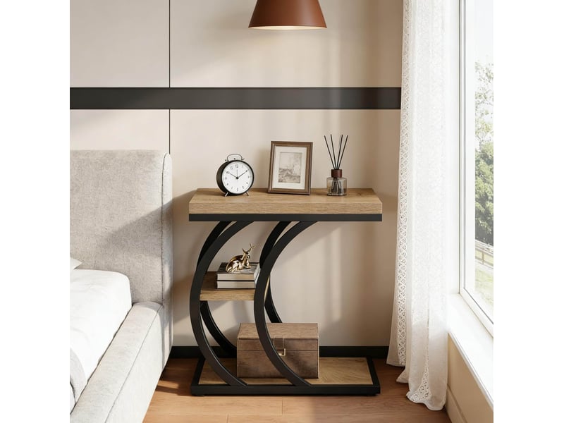  Table d'appoint 60x30x60 cm en forme de c métal et panneau de particules noir et marron  - Conforama D