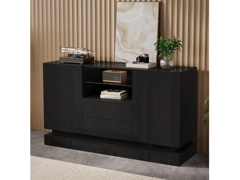  Buffet et enfilade avec 2 portes, 2 tiroirs, niche vitrée, éclairage led pour salon, en panneaux de particules noir  - Conforama C