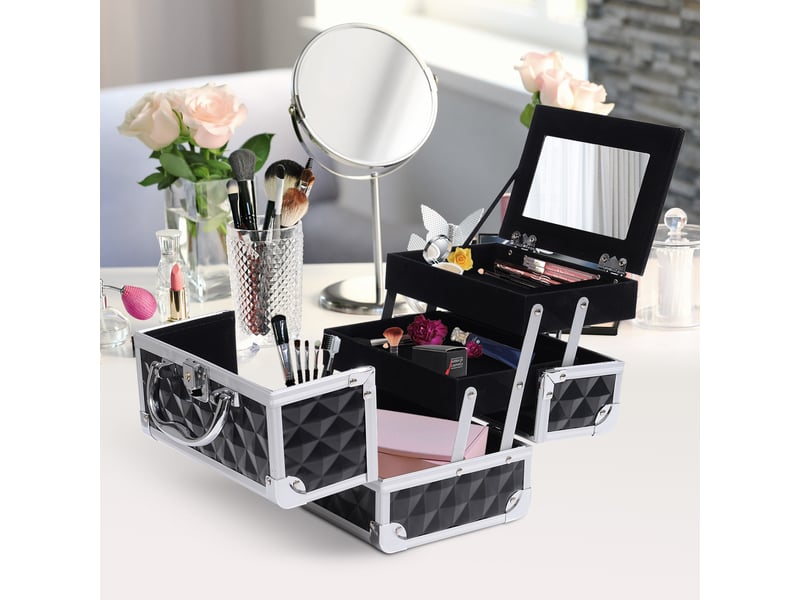  Mallette à maquillage rangement à 3 niveaux avec miroir verrouillage avec 2 clés dim. 20l x 15l x 15h cm noir  - Conforama D