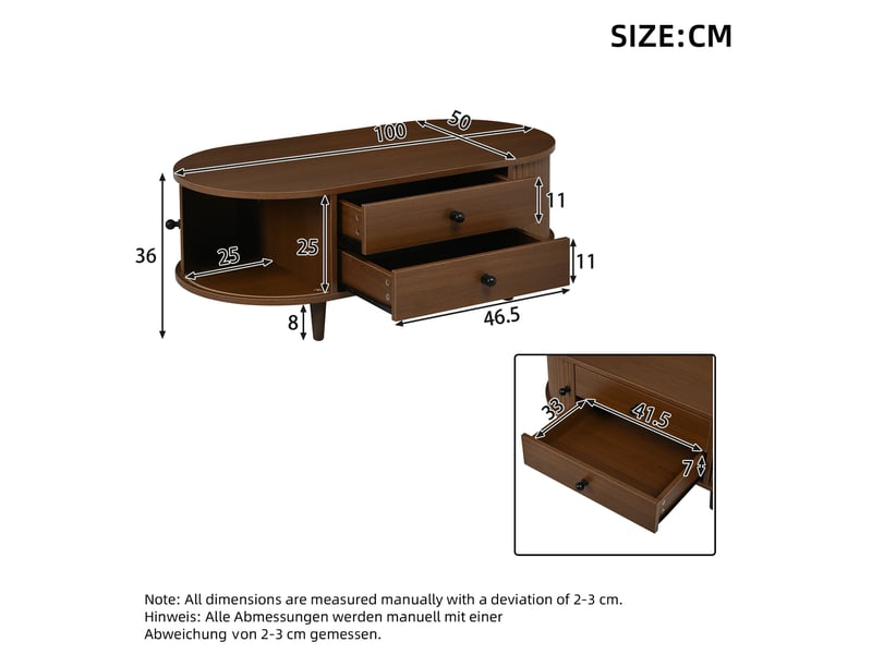Table basse ovale 100 x 50 x 36 cm, 2 tiroirs et portes tambour, mdf avec pieds en bois massif, noyer Fay Lum - Conforama C