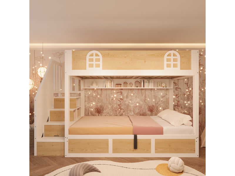  Modenvie lit superposé 90x200 cm - avec escalier de rangement et sommier inclus, sans matelas - blanc et naturel  - Conforama E