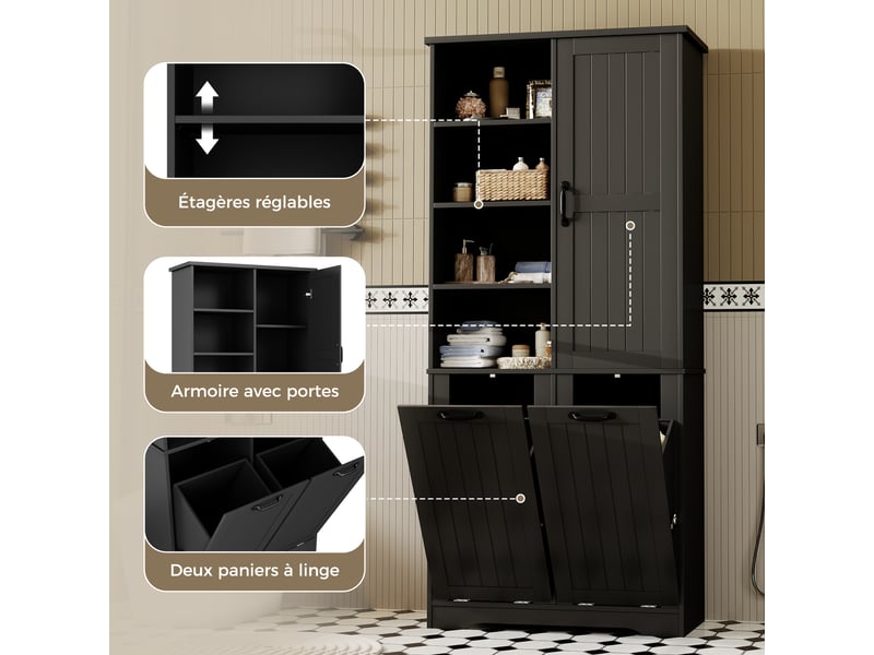 Armoire de salle de bain 78x35x172 cm, laquée anti-humidité, 2 paniers à linge, noir - Conforama E