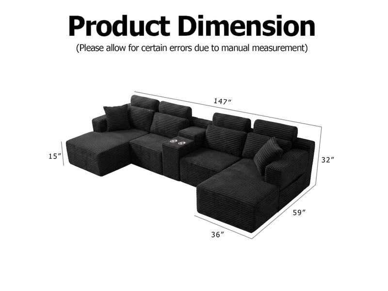  Canapé modulable en u 372x151x80 cm, 6 places, noir  - Conforama E