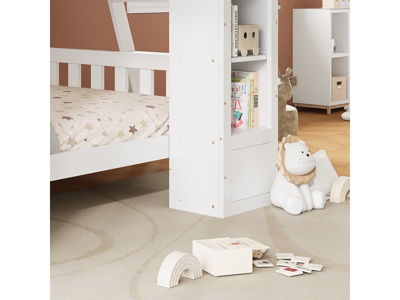  Lit superposé 2 places avec 2 placards frontaux, étagère, échelle réversible et barrière, 200x90 cm, sans matelas  - Conforama E