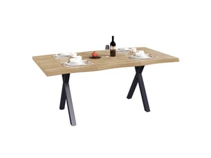 Table à manger 160x78x77 cm plateau ondulé, pieds en x en métal, en mdf couleur bois clair et noir