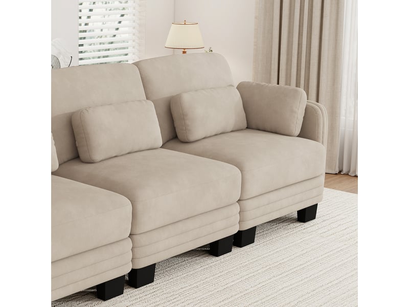 Canapé droit modulable 253 cm 3 places, accoudoirs amovibles, coussins lombaires épais à soutien renforcé, assise à ressorts ensachés, chenille, marron clair - Conforama C