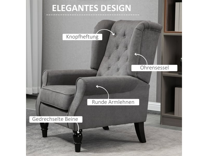  Fauteuil relax à oreilles,74x86x102 cm,avec dossier haut,polyester,gris foncé  - Conforama D