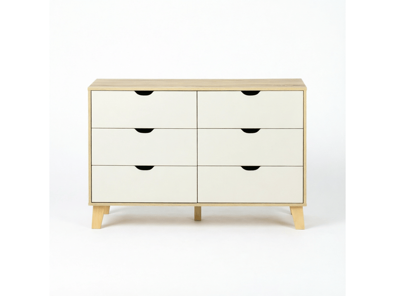  Commode 6 tiroirs en panneau de particules blanc et coloris chêne 120 x 40 x 76 cm T5828S00056 - Conforama A