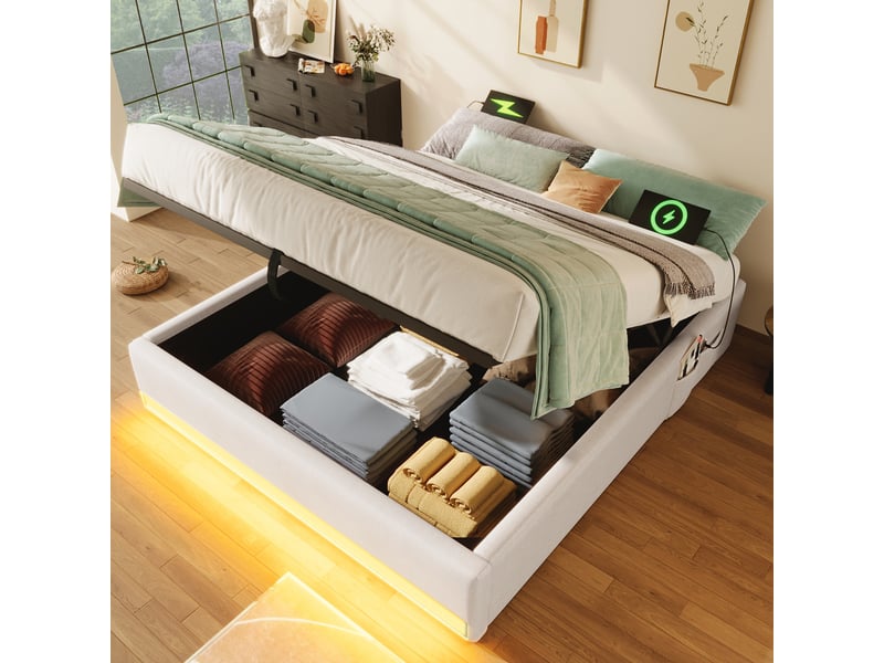  Lit capitonné 140*200cm, beige, sans matelas, led, usb type-c, rangement latéral, relevage hydraulique  - Conforama C