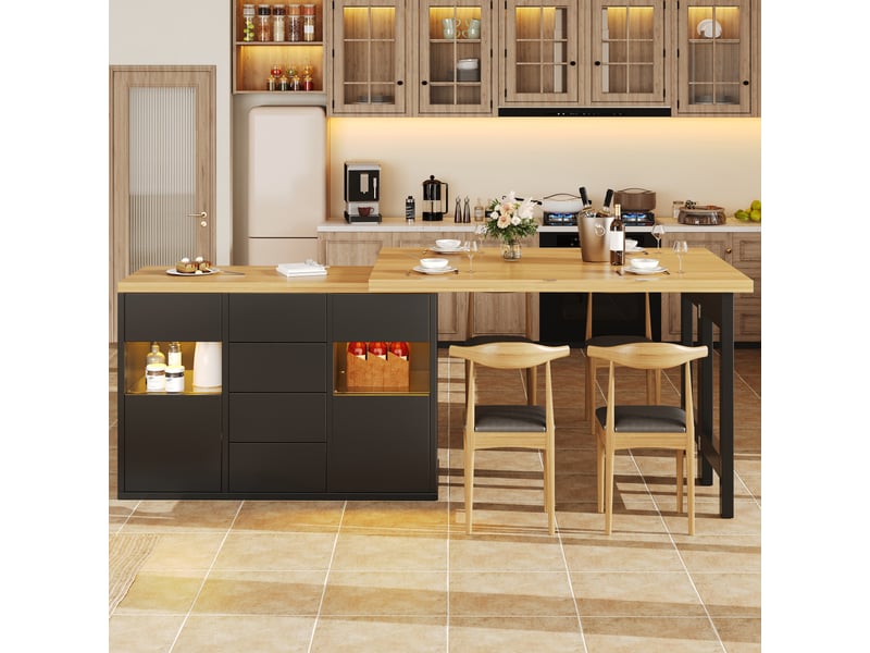  Desserte de cuisine avec 2 portes vitrées, 4 tiroirs et étagères réglables, led rgb pour cuisine et salle à manger  - Conforama C