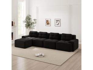 Canapé d'angle, canapé modulable; base antidérapante, sans cadre, sans montage, avec méridienne, en velours, 4 places, style cloud, noir