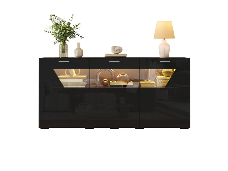  Buffet bas 3 portes avec led pilotable par application, noir brillant, 160 cm  - Conforama A