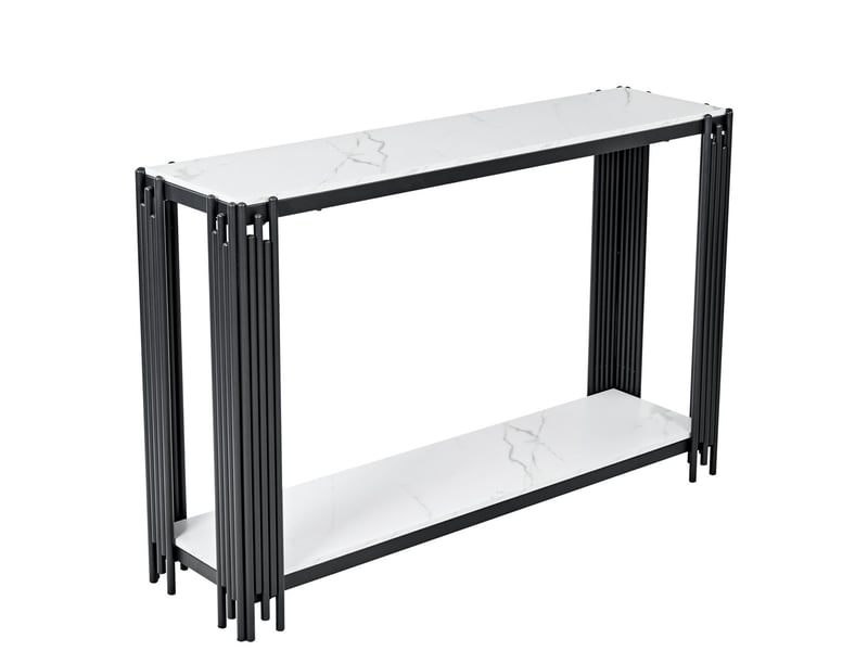  Table basse 2 niveaux de rangement effet marbre blanc cadre métal noir format étroit design moderne table décorative  - Conforama E