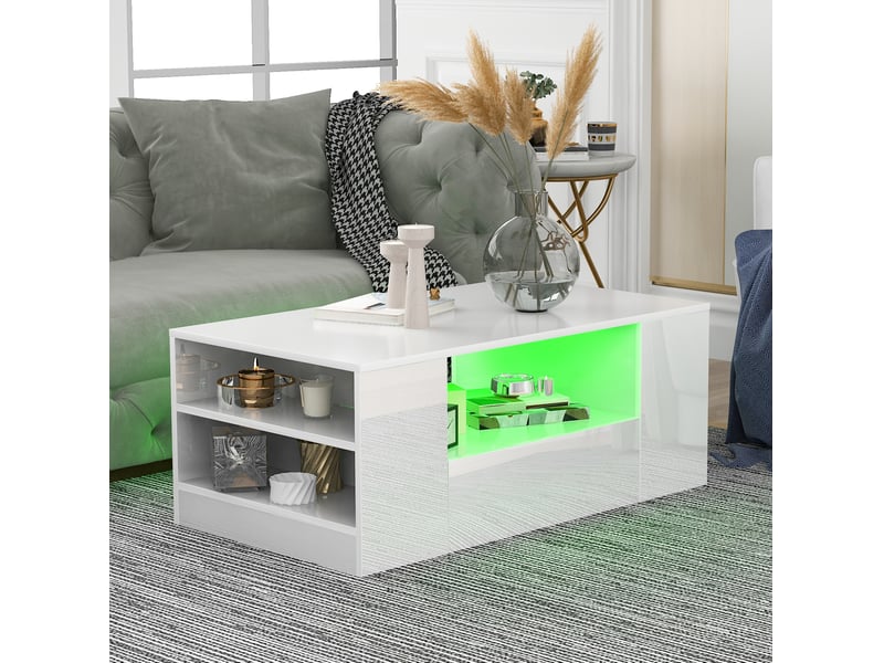  Table basse 95 x 53 x 37 cm blanc – 2 tiroirs, 2 niches, led usb, surface brillante, style moderne  - Conforama E