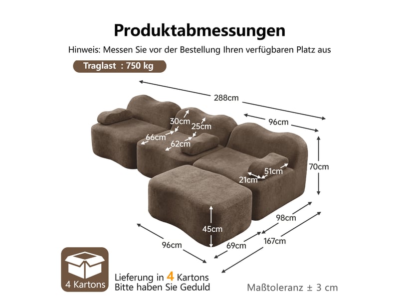  Canapé d'angle modulable 3 places en velours marron, structure sans ossature avec coussins mobiles et ottoman intégré pour salon moderne  - Conforama C