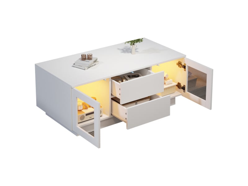  Table basse blanche finition brillante (100 × 50 × 40 cm) équipée d'un éclairage led contrôlable via une application mobile ; table de salon avec rangement, idéale pour le séjour, le bureau ou l'espace de travail.  - Conforama A