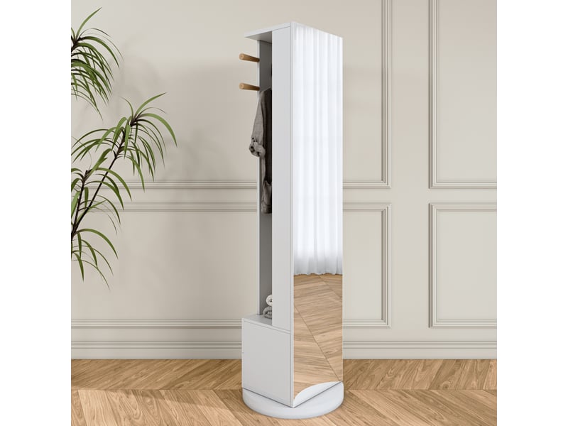  Miroir pleine longueur sur pied pivotant 360° avec portemanteau et tiroirs de rangement, blanc  - Conforama R