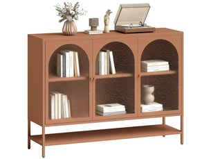 Buffet de salon, meuble de rangement avec 3 portes vitrées courbes et une étagère ouverte, 140 x 40 x 105 cm, couleur rouille