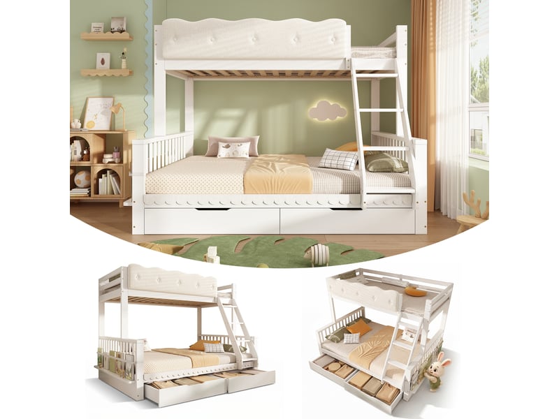 Lit superposé enfant 90x200140x200 cm blanc avec 2 tiroirs, porte-revues et garde-corps Fay Lum - Conforama B