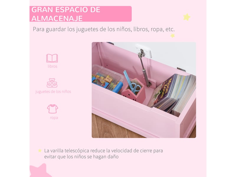  Banc rangement enfant, dossier, couvercle amortissant, charge 40kg. Salle de jeux, 60 x 30 x 50 cm, rose et blanc.  - Conforama E