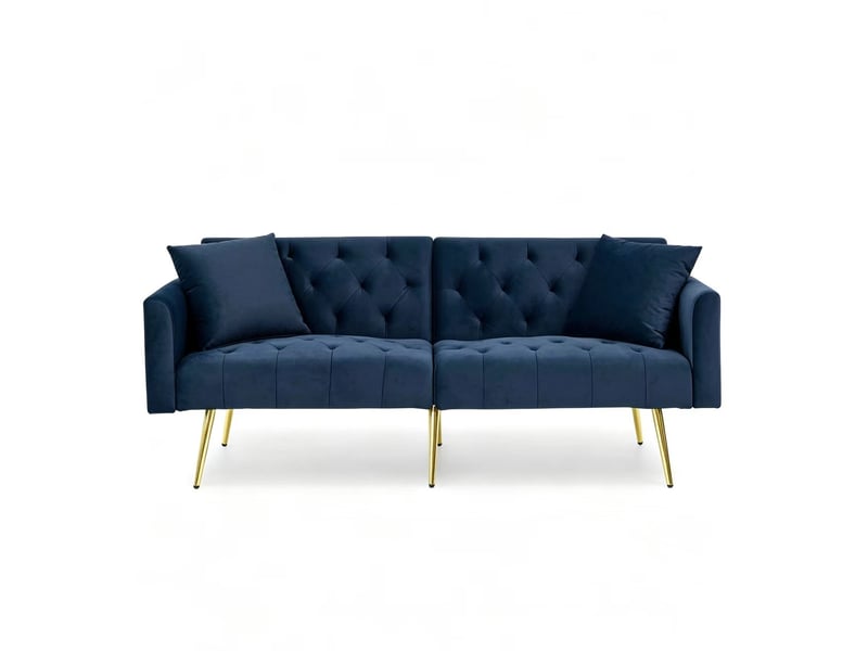  Canapé 2 places en velours bleu, dossier réglable 3 positions avec coussins et pieds métal  - Conforama A