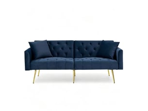 Canapé 2 places en velours bleu, dossier réglable 3 positions avec coussins et pieds métal