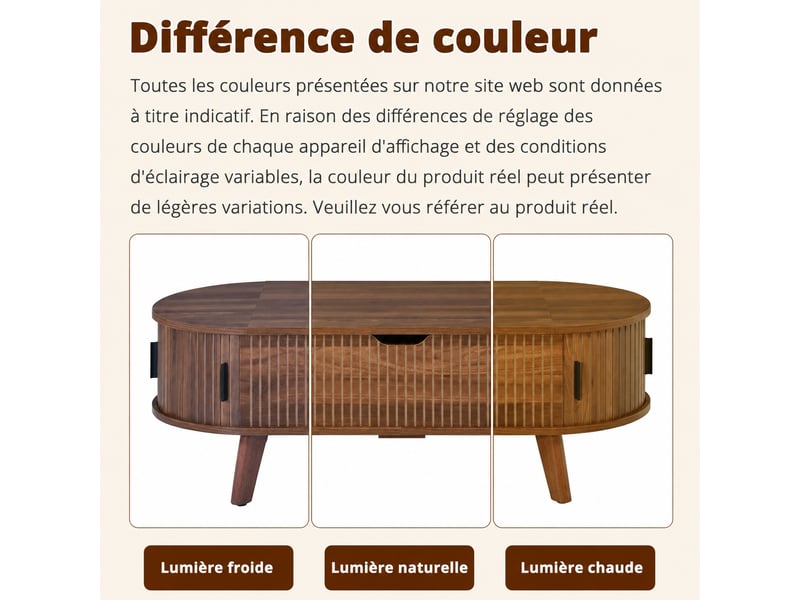  Table basse ovale relevable effet noyer avec rangement caché, 110 x 50 x 53,5 cm  - Conforama E